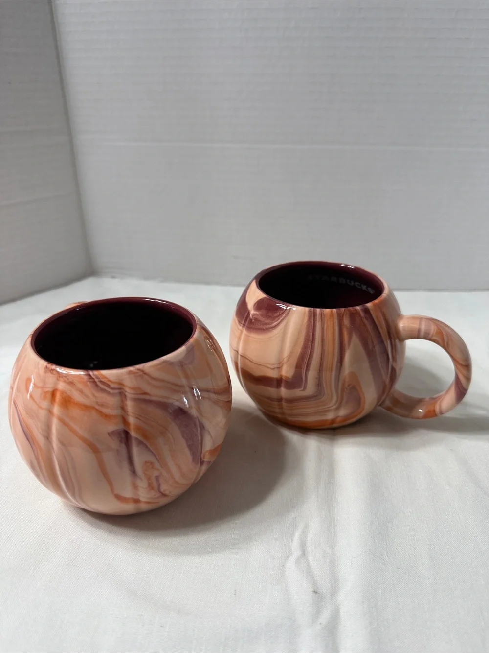 Set of 2 Starbucks 2025 Fall Orange Marbled Swirl Pumpkin Spice Ceramic Mugs Cup